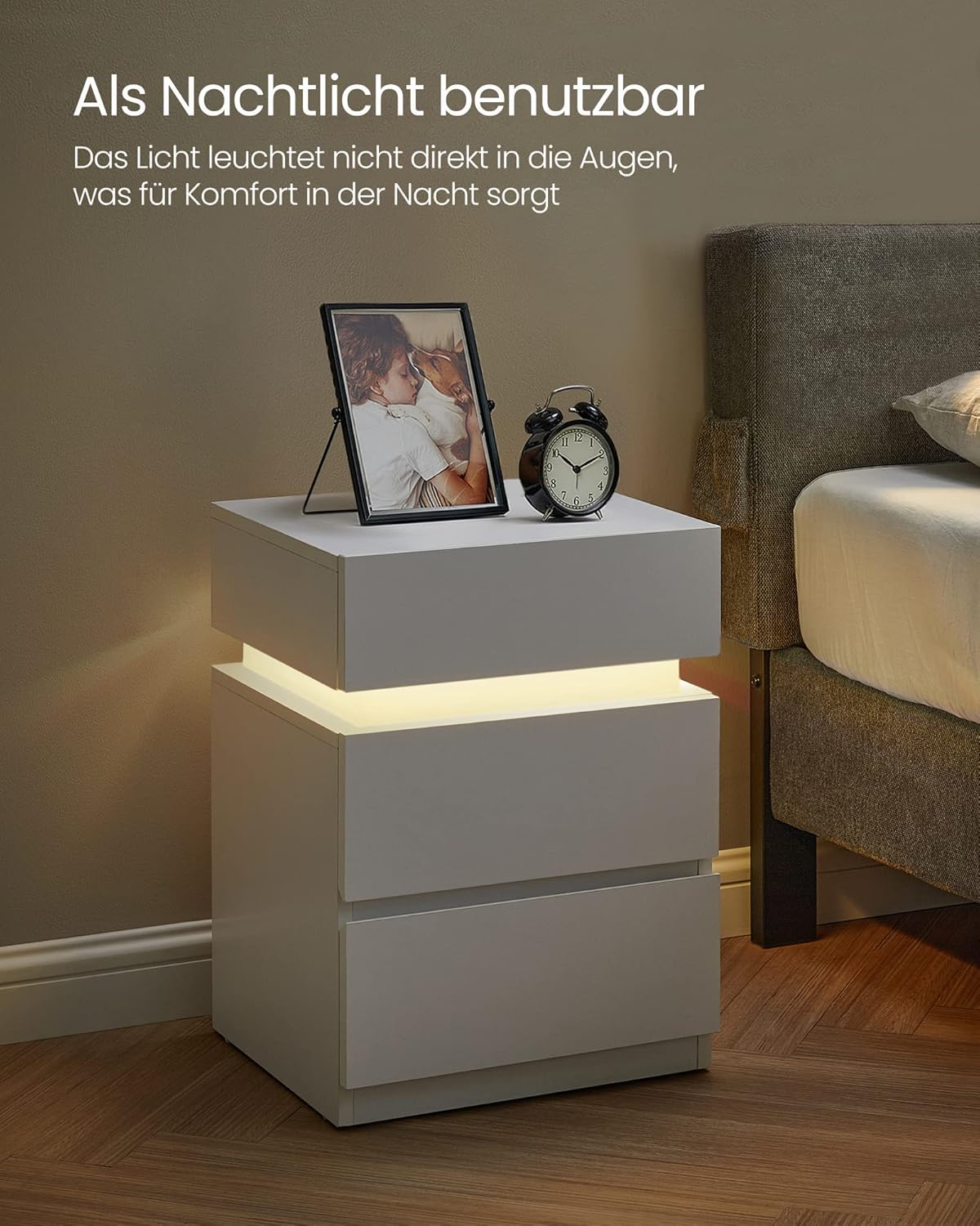 VASAGLE Kailyn Kollektion - Nachttisch 2er Set, LED-Beleuchtung, Beistelltisch, Sofatisch 3 Schubladen, Nachtschrank Schlafzimmer Wohnzimmer, modern, 35 x 40 x 55 cm, wolkenweiß LET0830W01