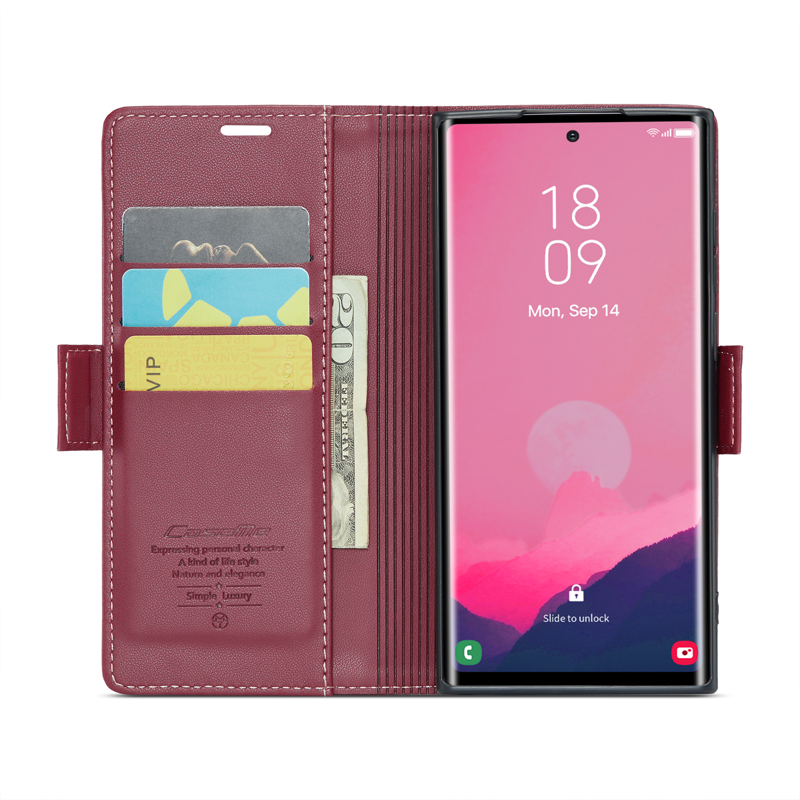 Samsung Galaxy S25 Ultra Leder Tasche Flip Wallet Etui mit Kartenfächern Litchi Look (RFID Schutz) - Rot