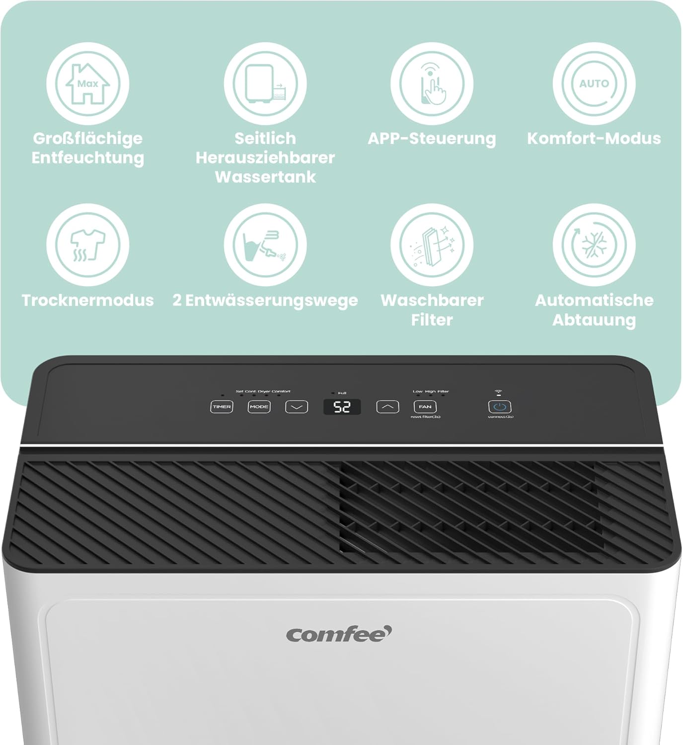 COMFEE CDDAE-30DEN7-QA3 Luftentfeuchter 30L/Tag für bis zu 73㎡, 3-Liter-Tank, drehbare Räder, Trocknungsmodus, Geräuschreduzierung, Automatische Abtauung