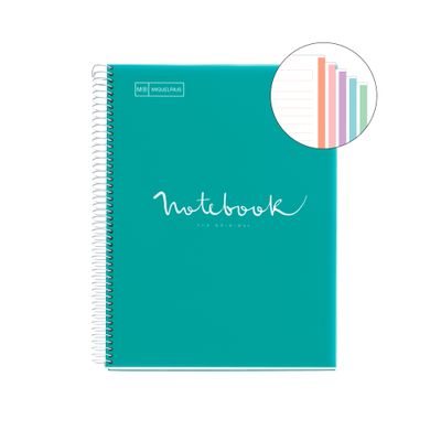 Notebook Emotions, couverture souple, A4 lignes horizontales 7 mm, 120 feuilles de 5 couleurs, Miquelrius, Turquoise.
