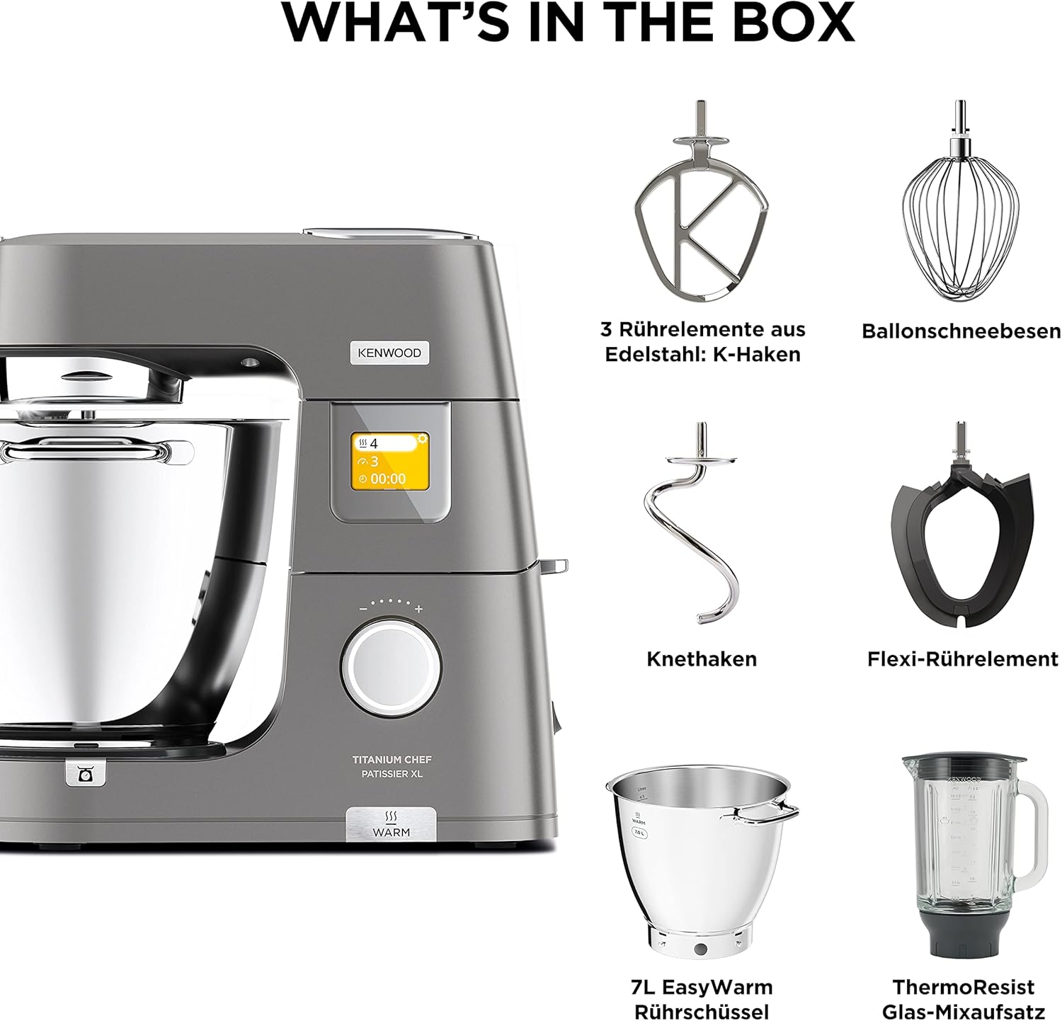Kenwood Titanium Chef Patissier XL KWL90.034SI – Küchenmaschine mit integrierter Waage & 7 L Rührschüssel mit Wärmefunktion, 1400 Watt, inkl. 4-teiligem Patisserie-Set, silber