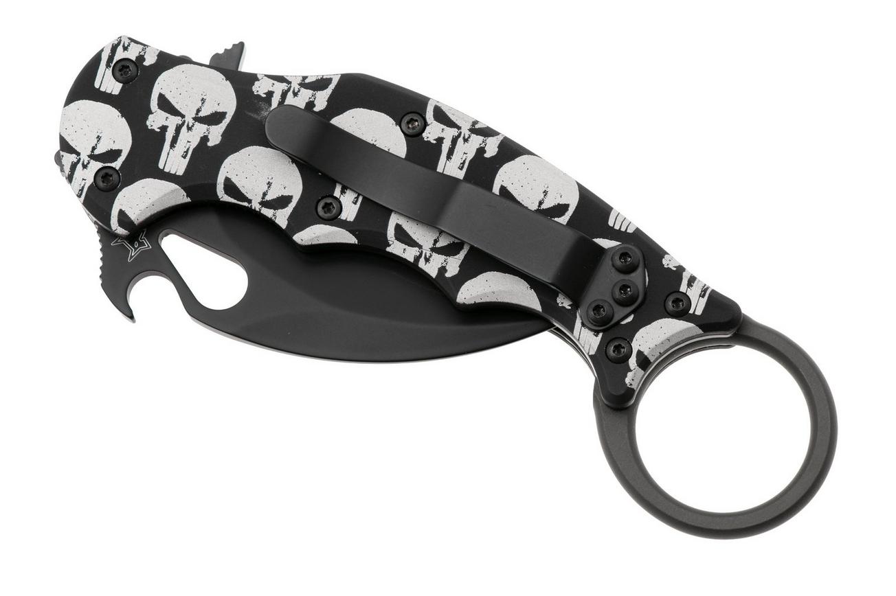 Fox FX-599 ALB-5 Skull Pattern, Black Idroglider Böhler N690Co, Engraved Aluminum, karambitmes