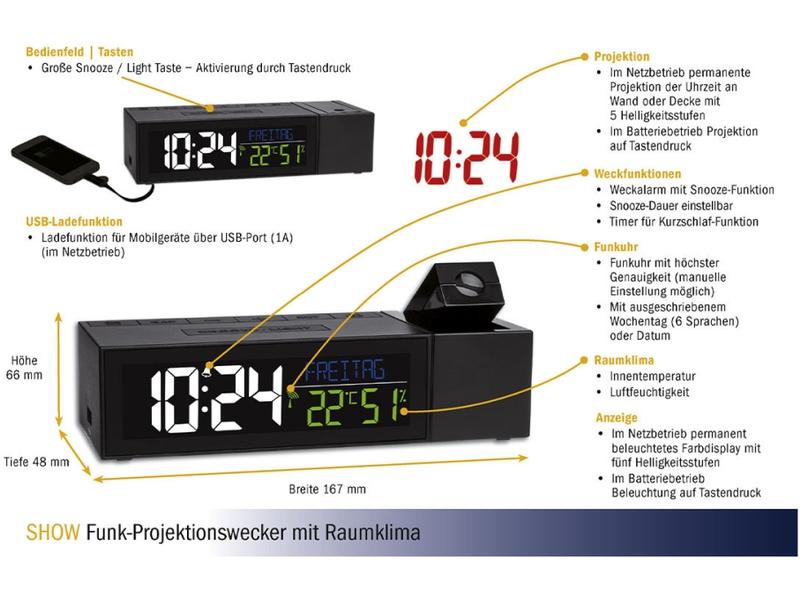 TFA Dostmann Funk-Projektionswecker Show mit Raumklima, Sch Farbdisplay mit 5 Helligkeitsstufen