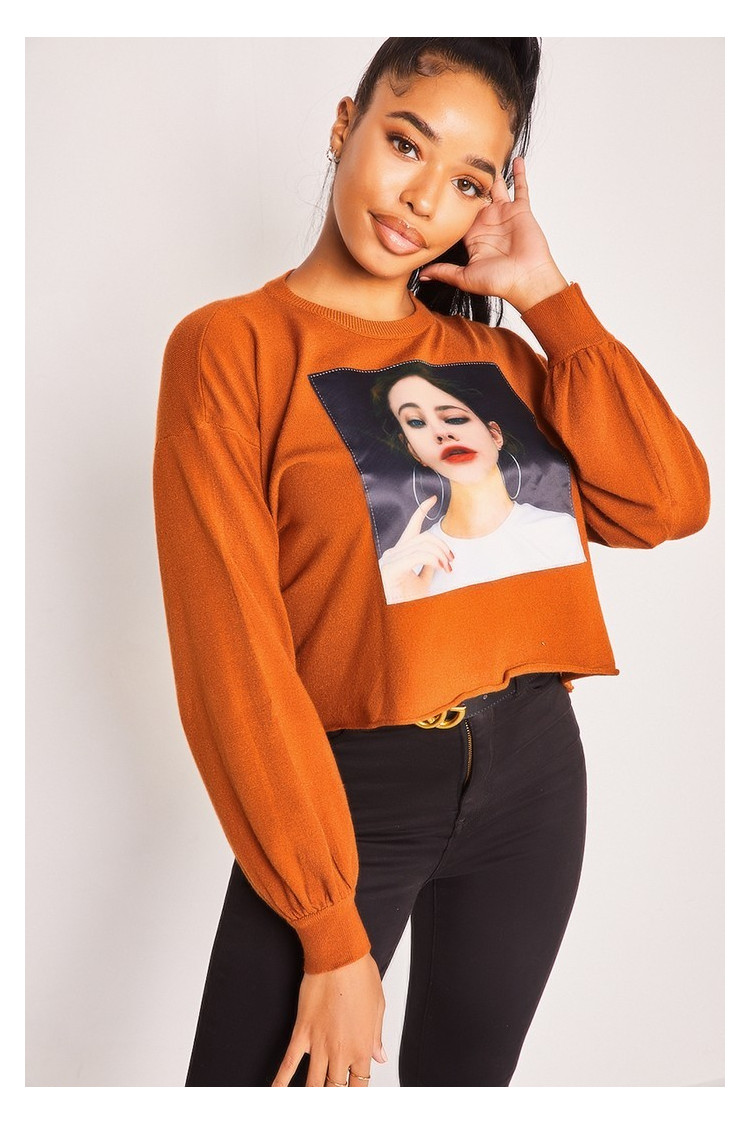 Pull marron tête de femme