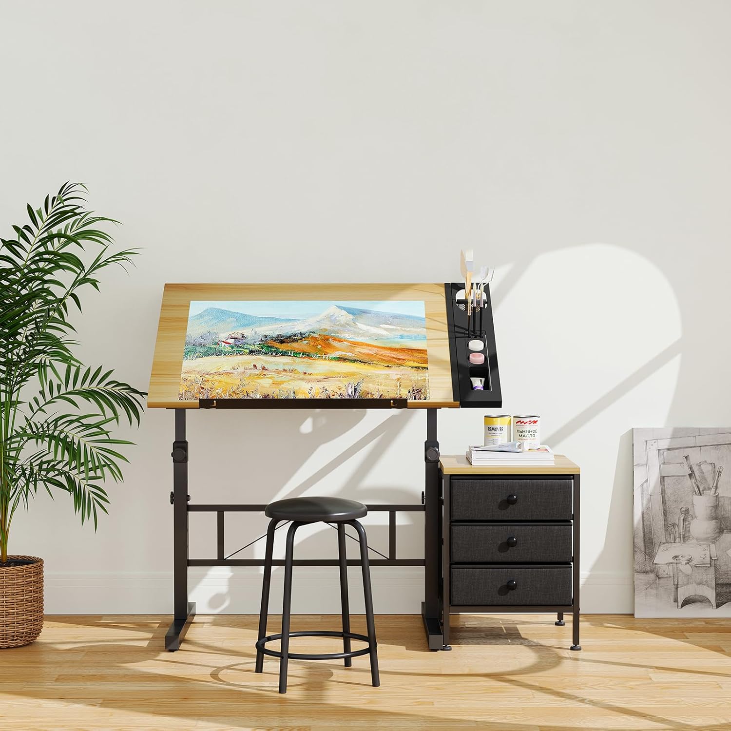 Dripex Zeichentisch 0-60° Neigbar Architektentisch Verstellbarer Tischplatte Höhenverstellbar Arbeitstisch Zeichnung Computertisch mit Hocker und Schließfächern für Office und Home Holzfarbe