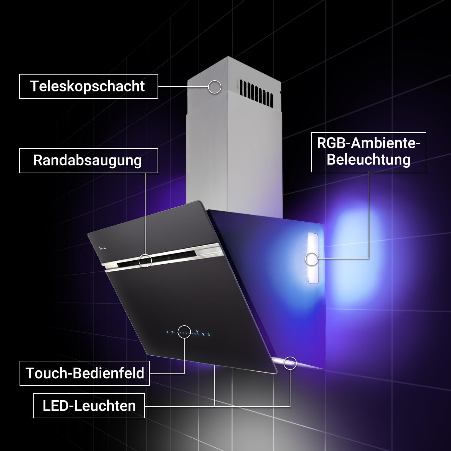 KKT KOLBE A+++ Dunstabzugshaube 60 cm 782 cbm/h Umluft Abluft Kopffrei Wandhaube | Schwarz Silber Edelstahl | Glas | Nachlaufautomatik | Smart WiFi App WLAN | SensorTouch | RGBW LED | AURORA6005SE