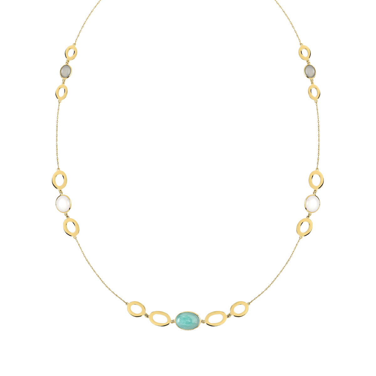 Collier or 375 jaune amazonite et pierre de lune