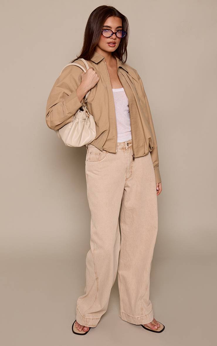 Beige Veste Bomber Zippée À Ourlet Froncé