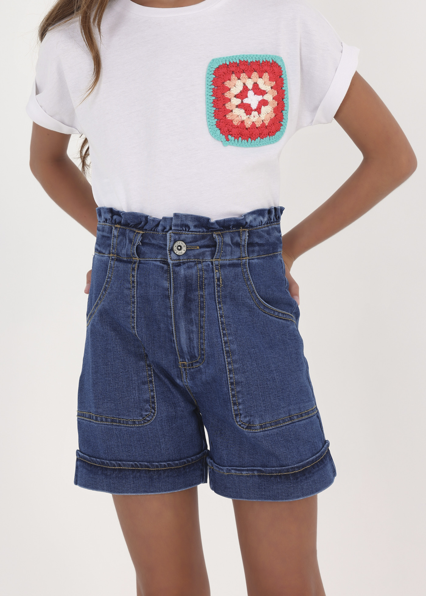 Shorts jeans de algodão de cintura alta para meninas
