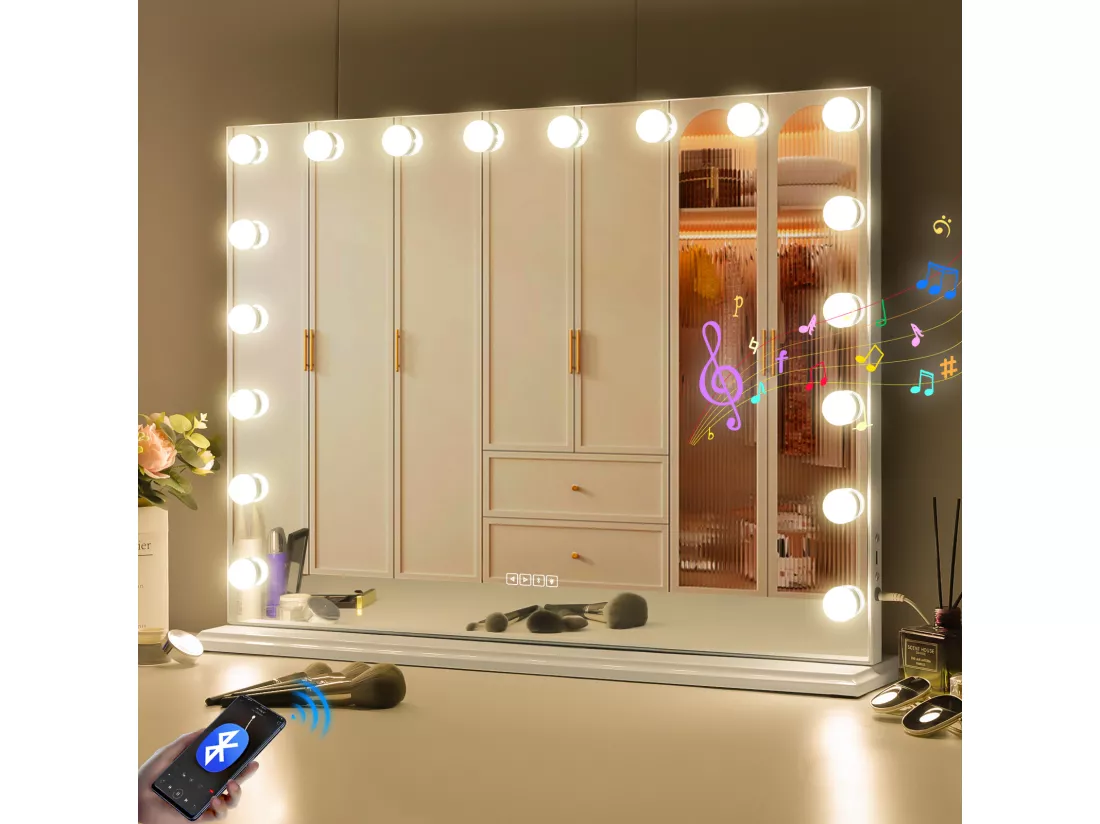Miroir de maquillage hollywood coiffeuse mural avec lumière 80x58cm - Bluetooth