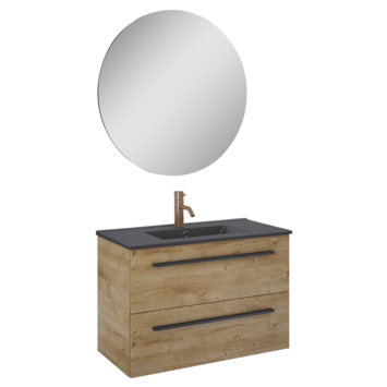 Atlantic Badkamermeubelset Stella met Spiegel en Zwarte Wastafel - Canela Eiken 80 cm
