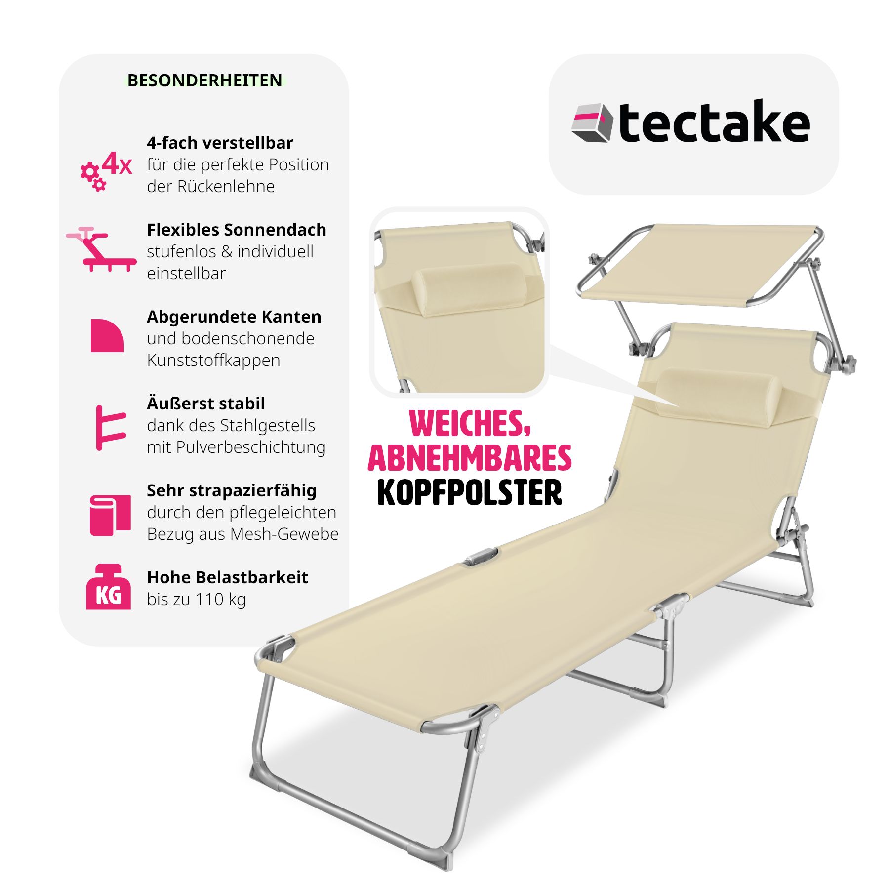 tectake® Gartenliege, klappbar, 4-fach verstellbare Rückenlehne mit Kopfpolster, 190 x 68 x 65 cm