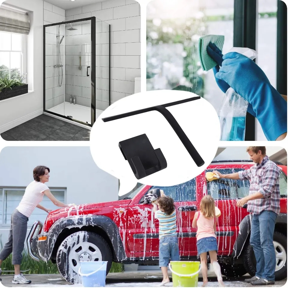 (2-tlg. Set) 28cm Silikon Duschabzieher Badezimmer Glasschaber Fensterwischer   Halterung - Schwarz