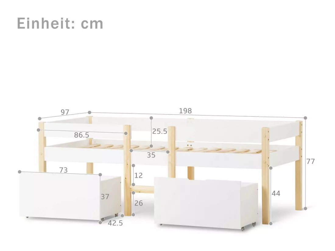 Lit mezzanine en pin massif avec tiroirs - 90x190 cm - Blanc
