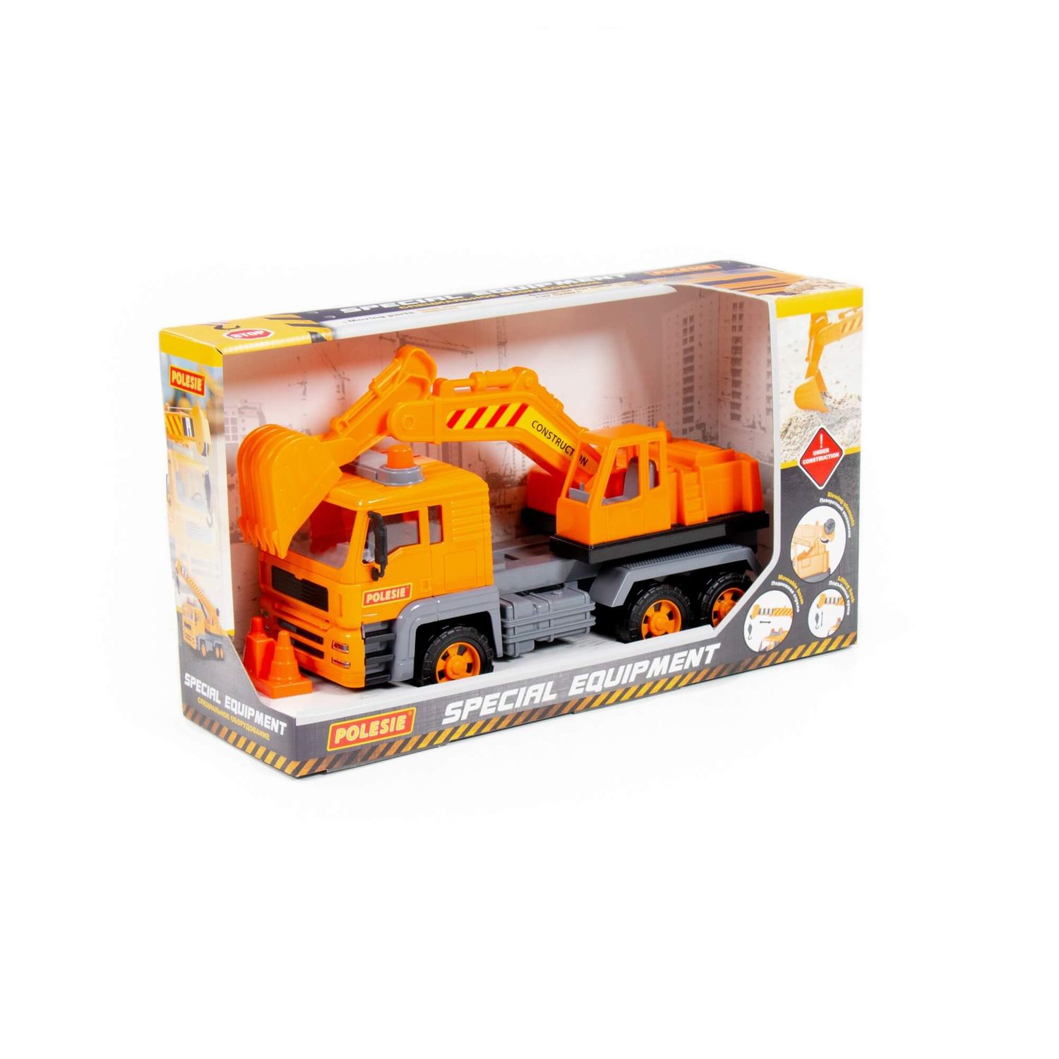 Polesie Spielzeug LKW Bagger 88963 Pylonen, Schwungantrieb, bewegliche Schaufel orange