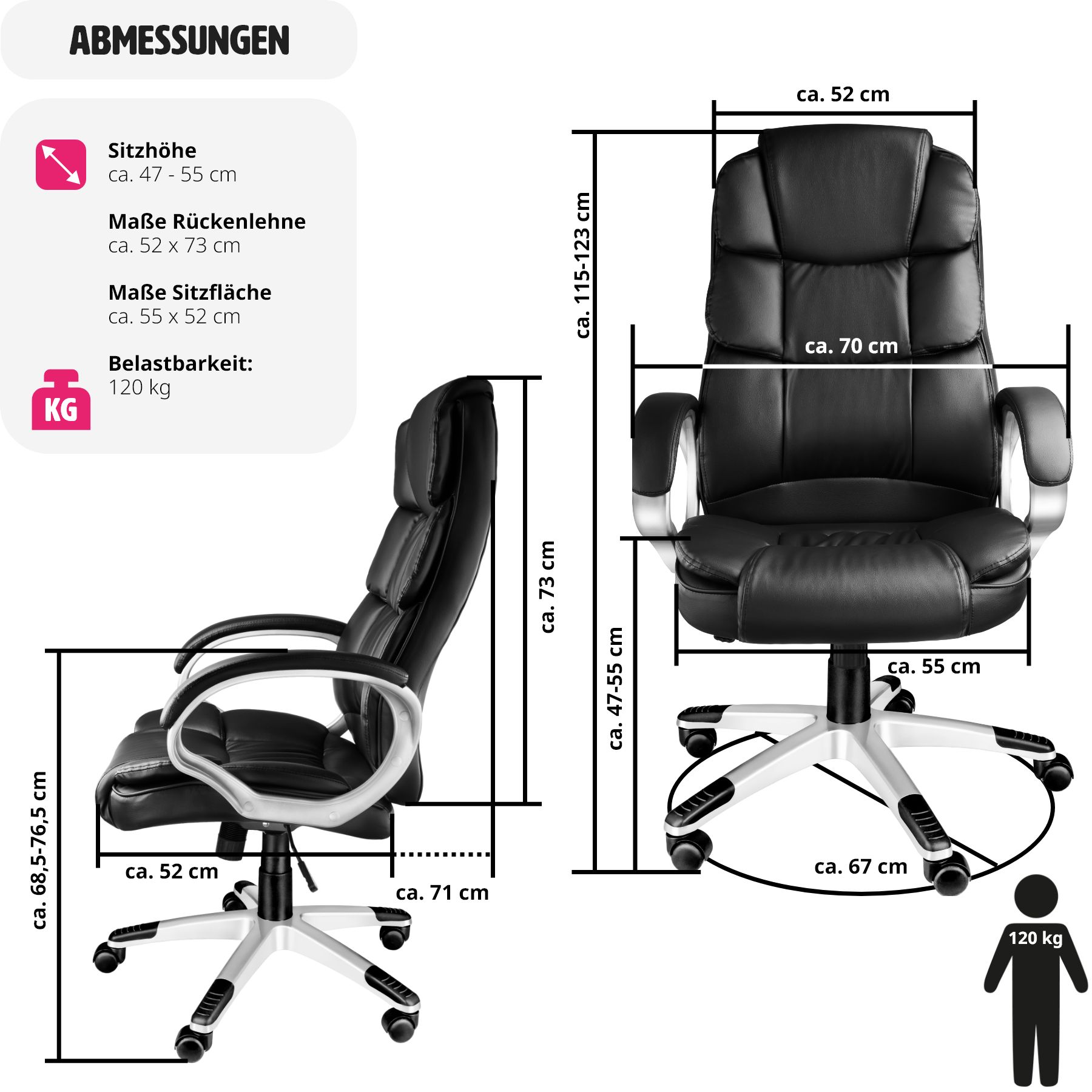 tectake® Bürostuhl, 360° drehbar und stufenlos höhenverstellbar, doppelte Polsterung mit Kunstlederbezug, einstellbare Wippfunktion