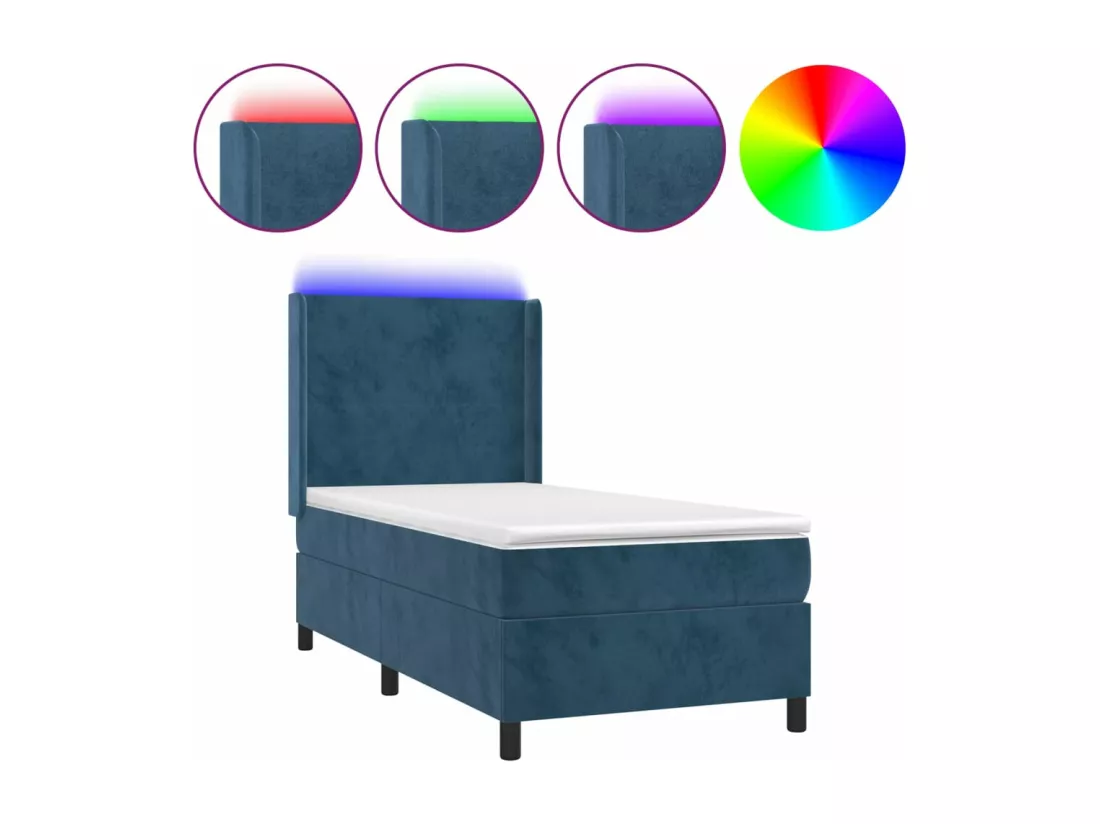 Sommier tapissier et matelas et LED Bleu foncé 90x190cm Velours