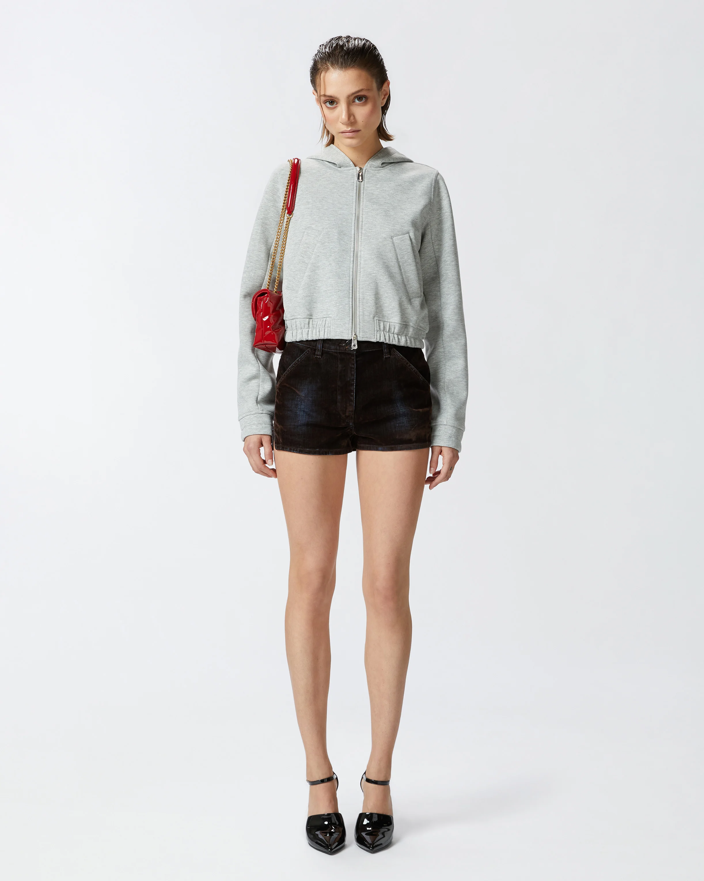Sweat-shirt court à capuche technique chiné | Gris