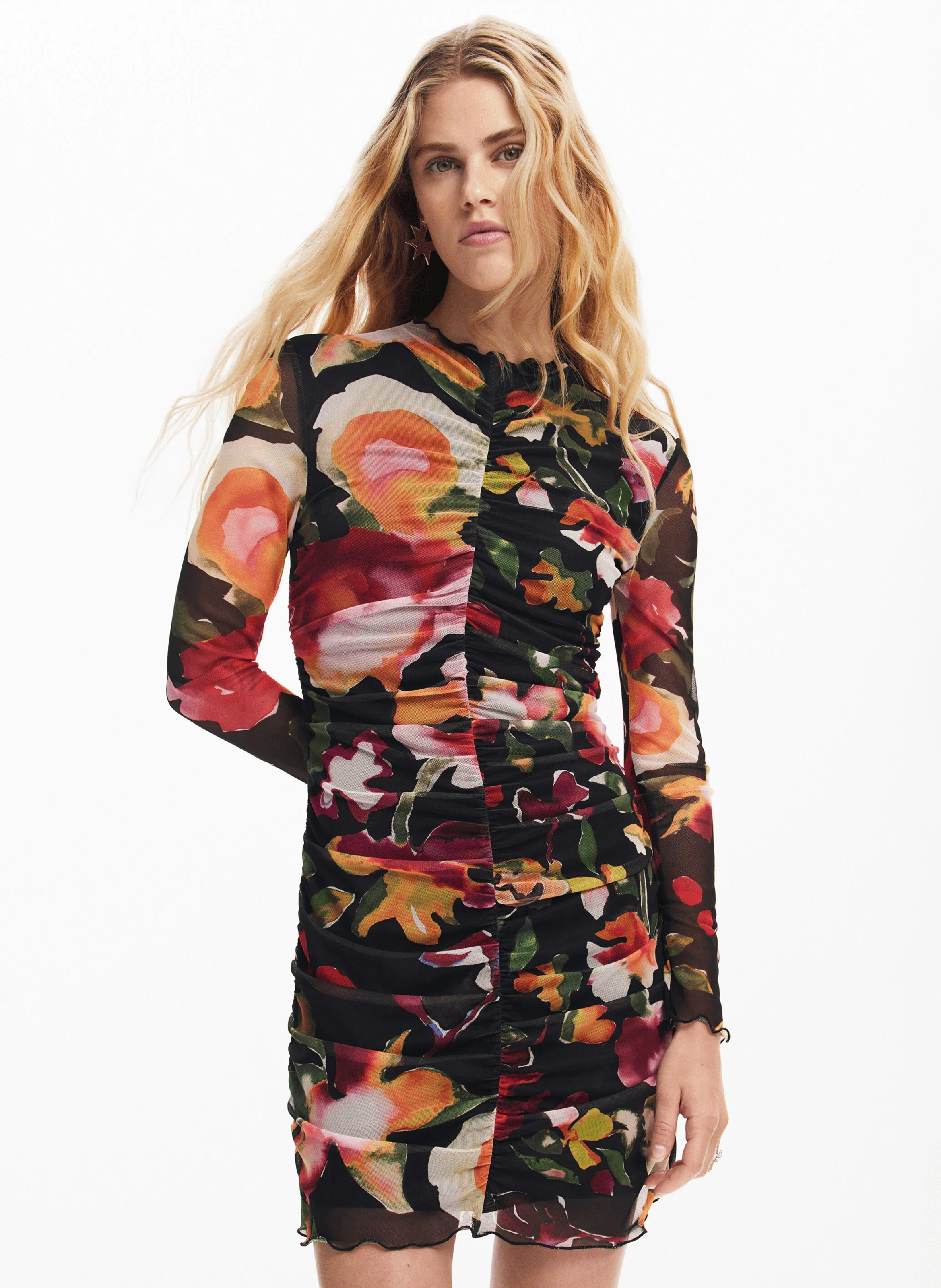 Robe courte col rond imprimée | Noir