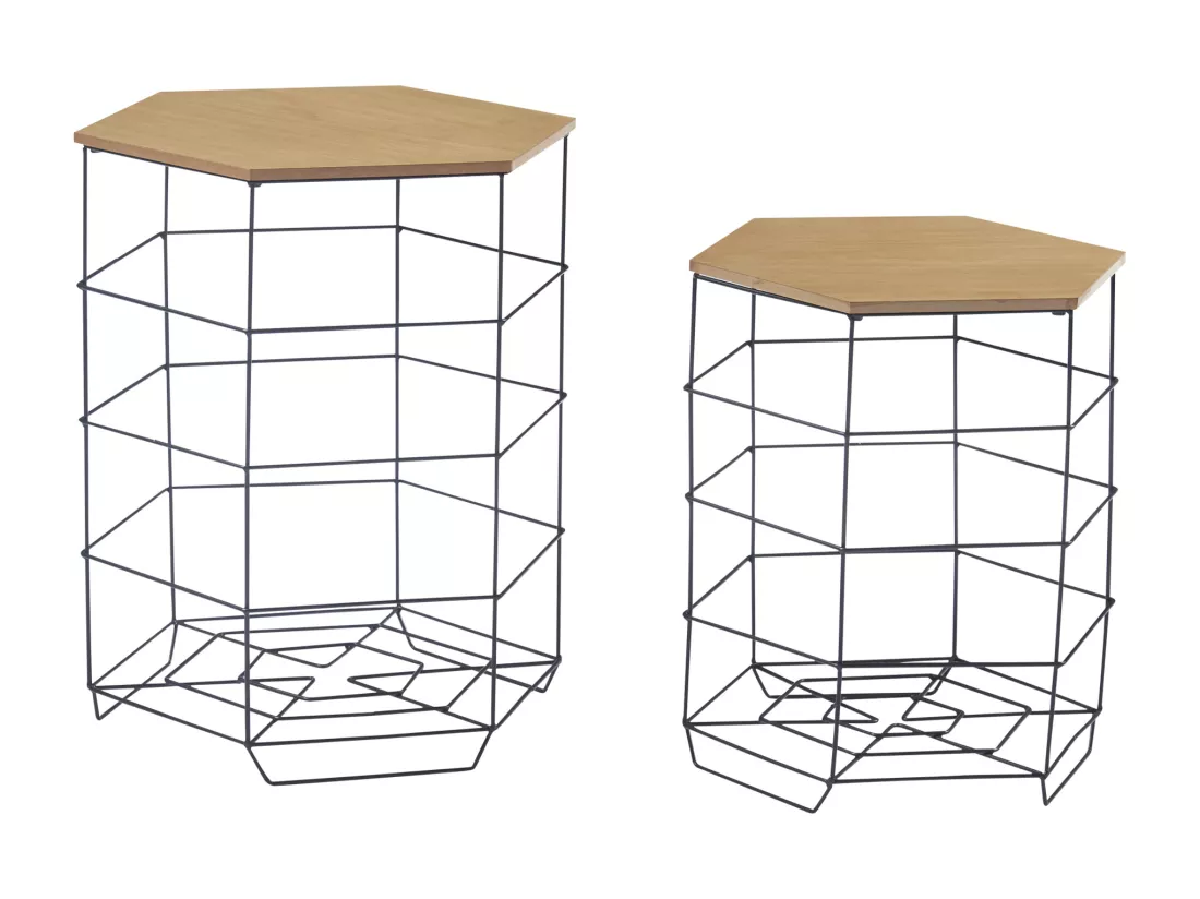 Lot de 2 paniers en métal Hørsholm avec plateau amovible hexagonal noir / effet bois [en.casa]