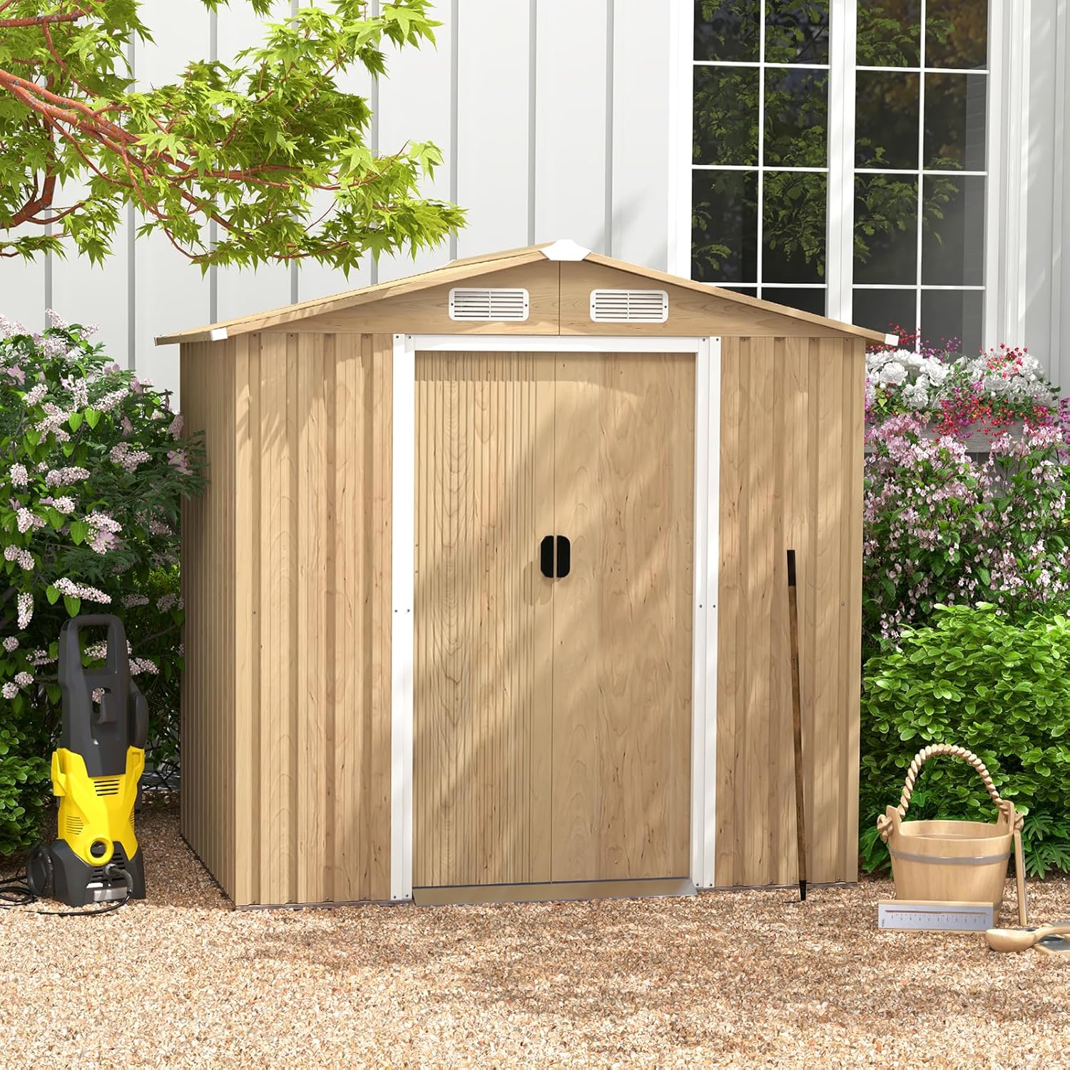 COSTWAY Gerätehaus Metall, Geräteschuppen abschließbar, Gartenhaus mit 4 Luftschlitzen & Schiebetür & Rampe, Garten Schuppen Outdoor, Metallschuppen Geräteschuppen, Natur (196 x 142 x 186 cm)