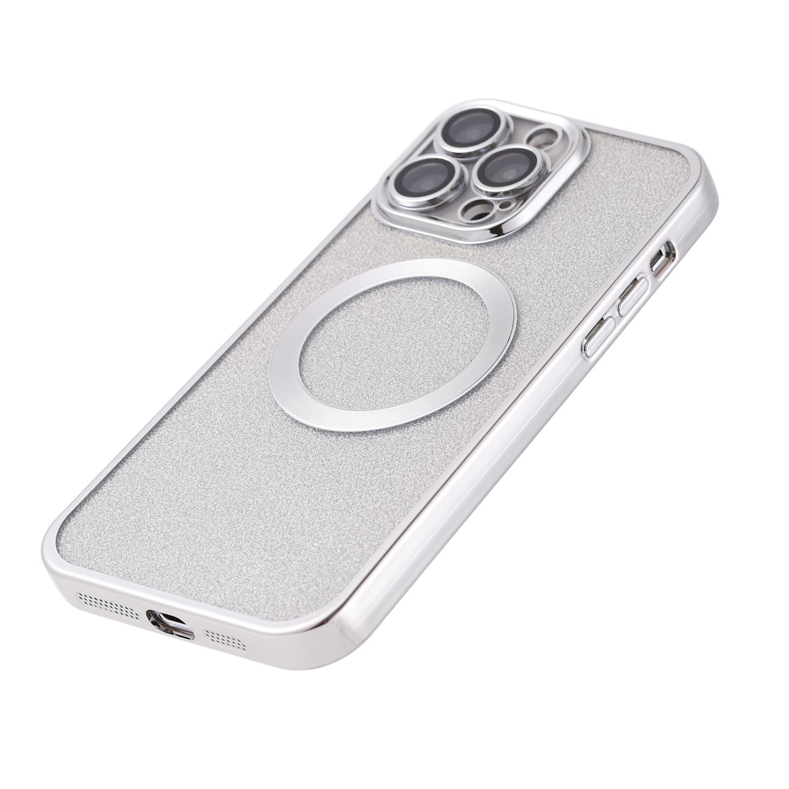 iPhone 14 Pro Max MagSafe Gummi Case Hülle mit Acryl Kameraglasschutz im Glitzer Design - Silber / Transparent