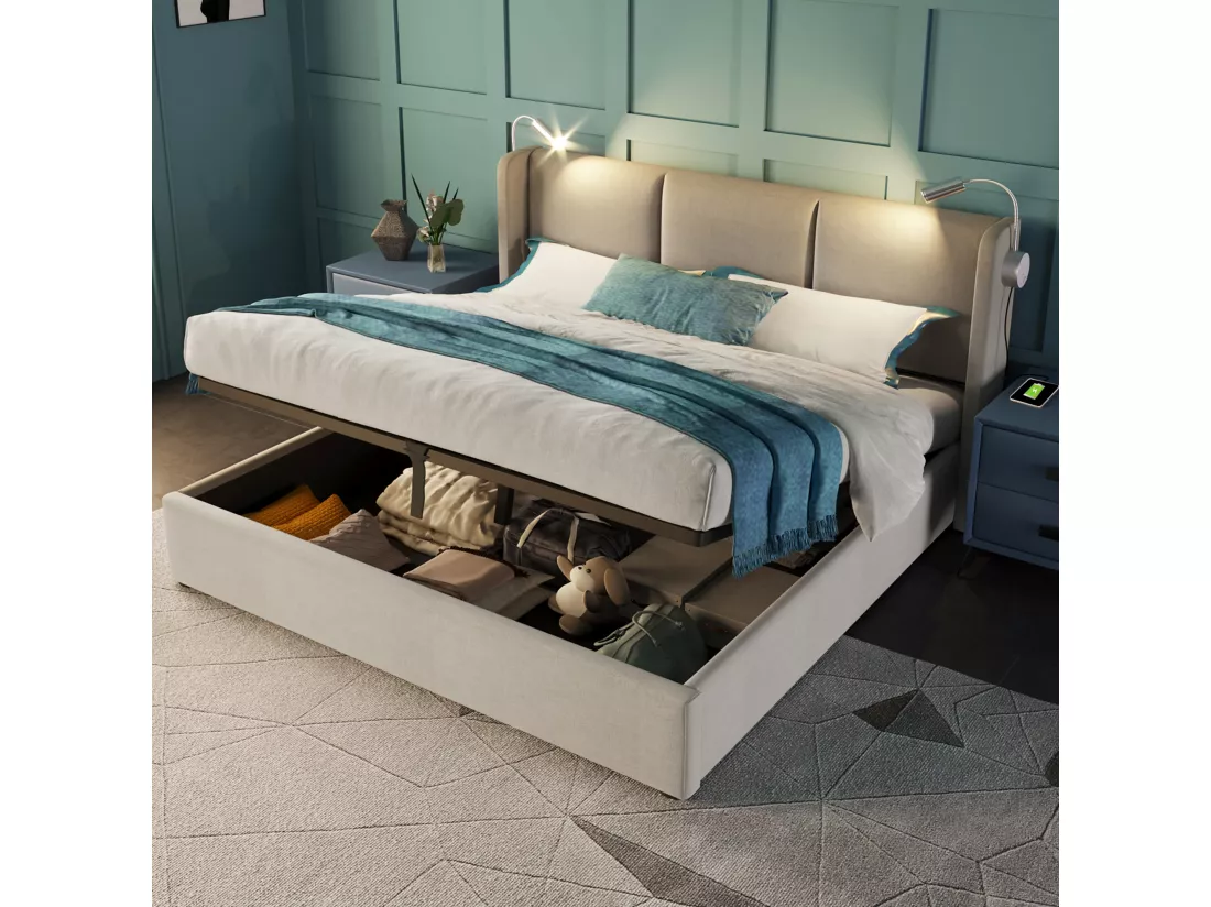 Lit coffre 160x200cm en lin - avec lampes de lecture et Ports de charge USB - avec sommier à lattes - Beige