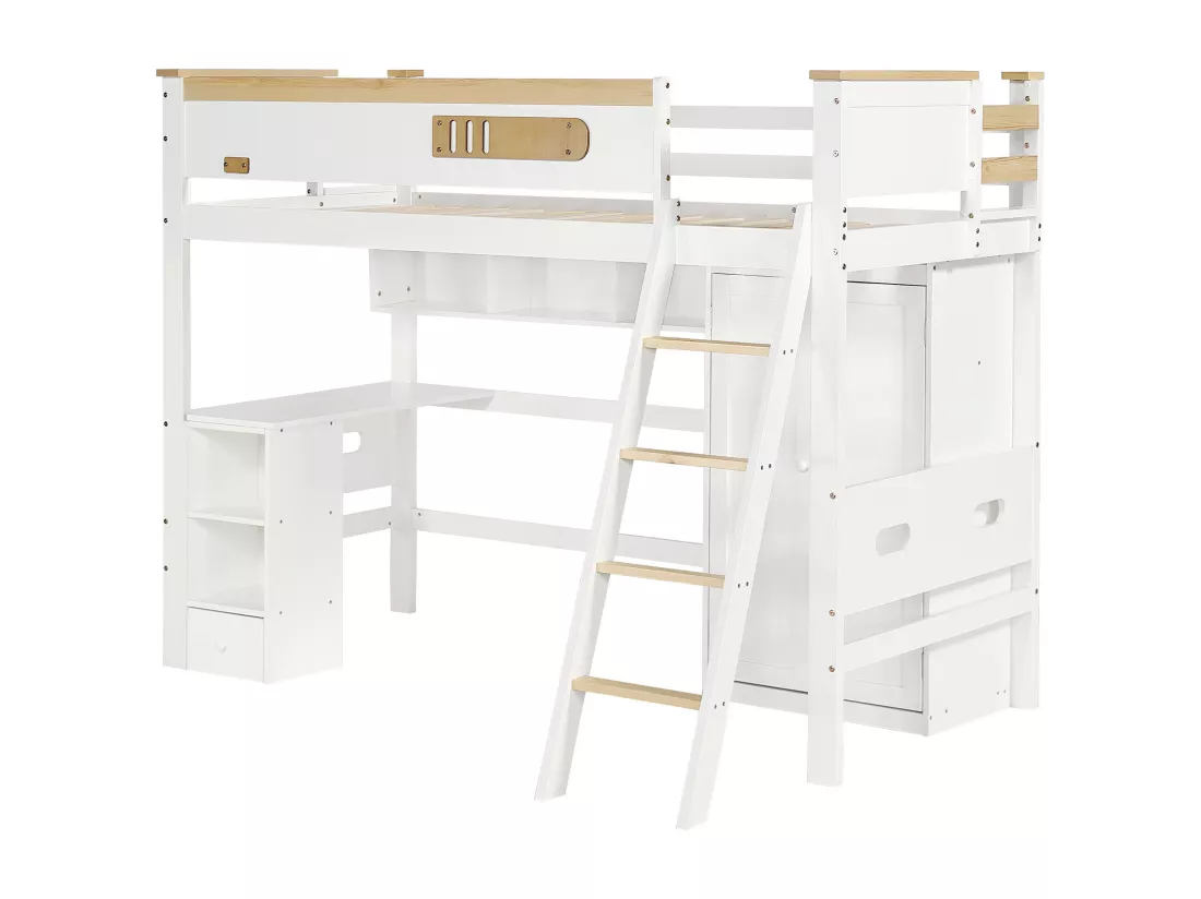 Lit mezzanine en bois - 90x200 cm - avec étagères、bureau et armoire - Blanc