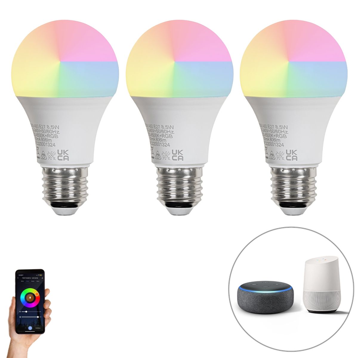 Set van 3 smart E27 LED lampen A60 mat RGBW 8,5W 806 lm 2700K