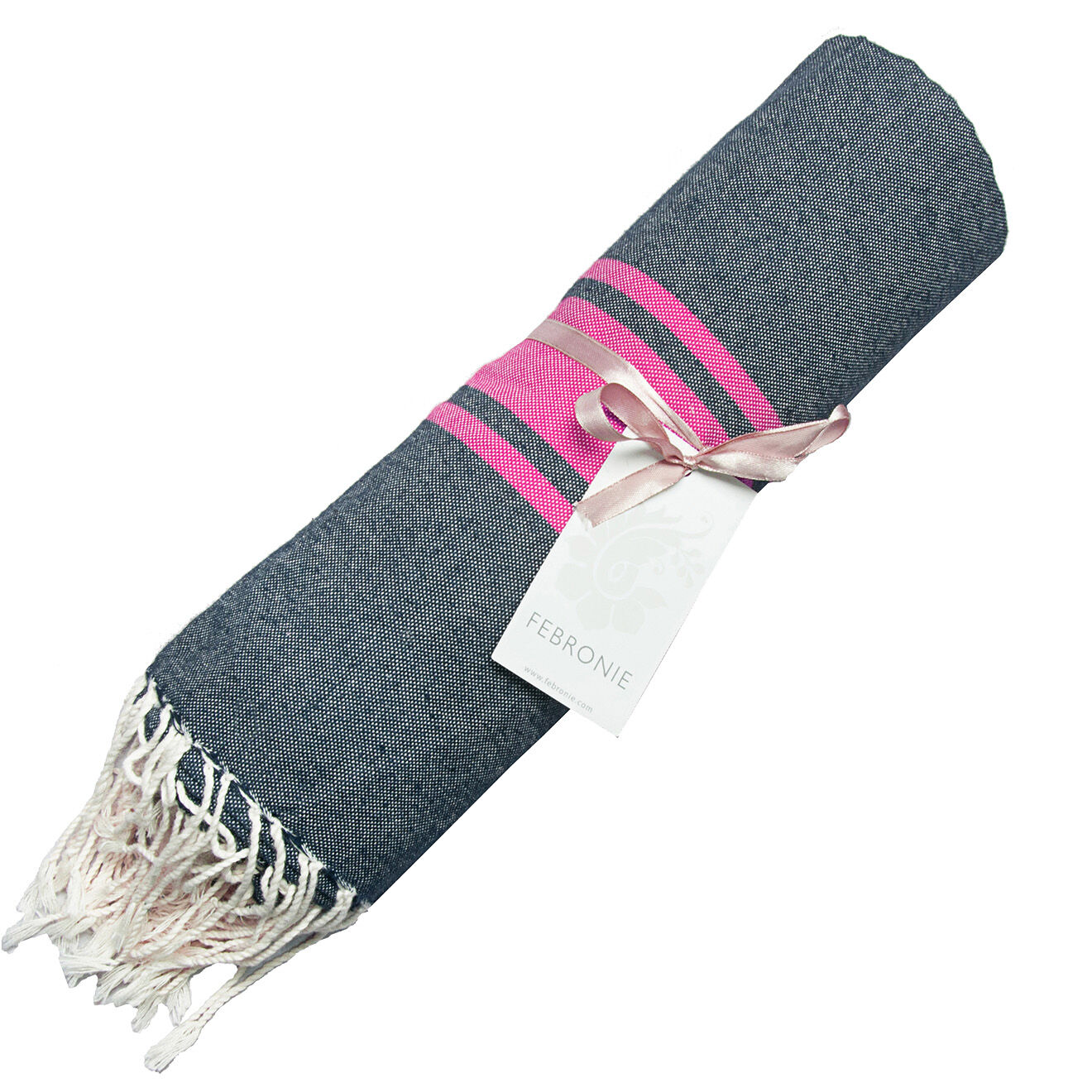 Febronie Fouta Traditionelle St Tropez bleu jean/rose fuschia - 100x200 cm