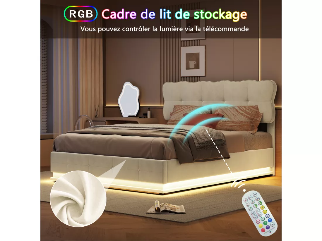Lit coffre 160x200cm avec rangements, tissu velours, cadre de lit avec tête de lit, éclairage LED, sommier à lattes, lit hydraulique multifonction, lit adulte style moderne, Beige