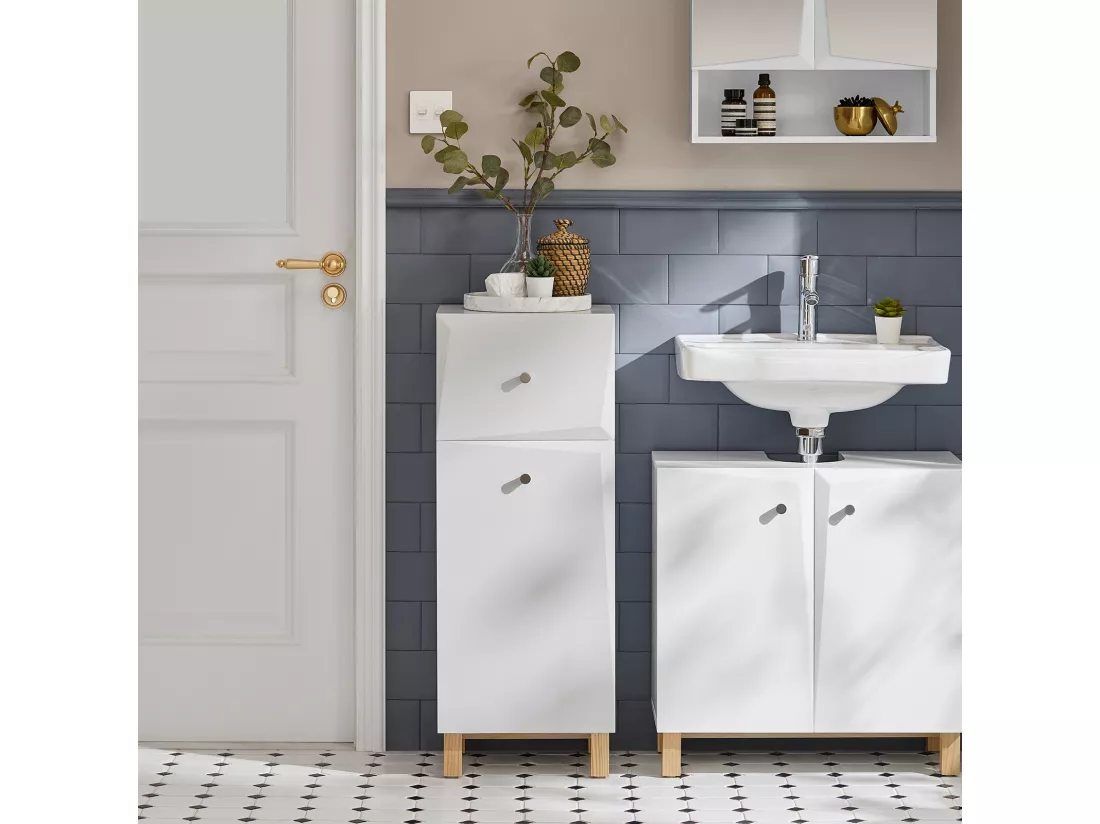 Armoire À Linge, Corbeille À Linge Avec 1 Tiroir Et 1 Panier À Linge Amovible, Blanc, BZr93-w