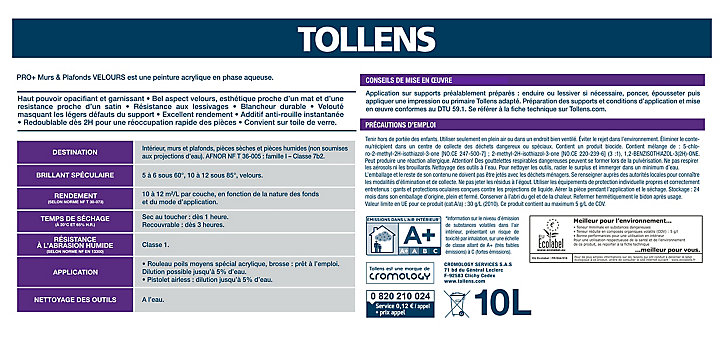 Peinture murs et plafonds Tollens pro+ velours 10L