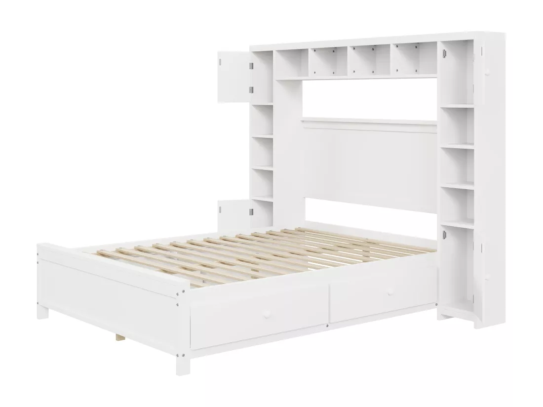 Lit 140 x 200 cm avec 4 tiroirs et rangement - Bois massif - Décor blanc - CONAN