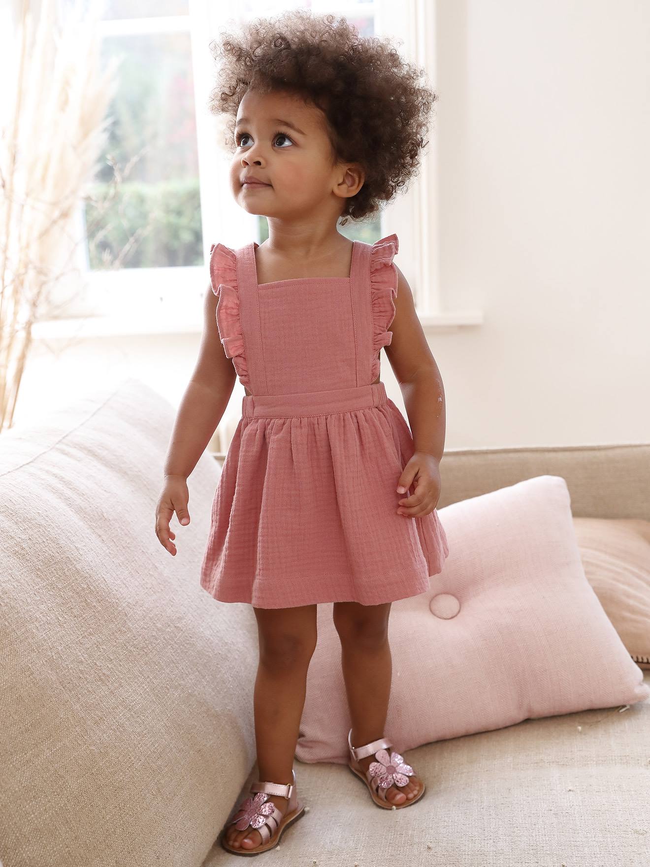 Vestido macacão infantil de chiffon de algodão, rosa liso tamanho médio