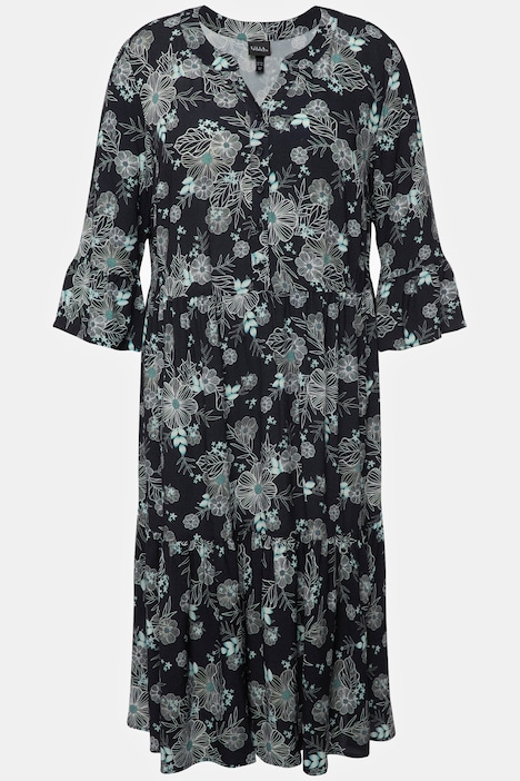 Midikleid, Volants, A-Linie, Tunika-Ausschnitt, 3/4-Arm