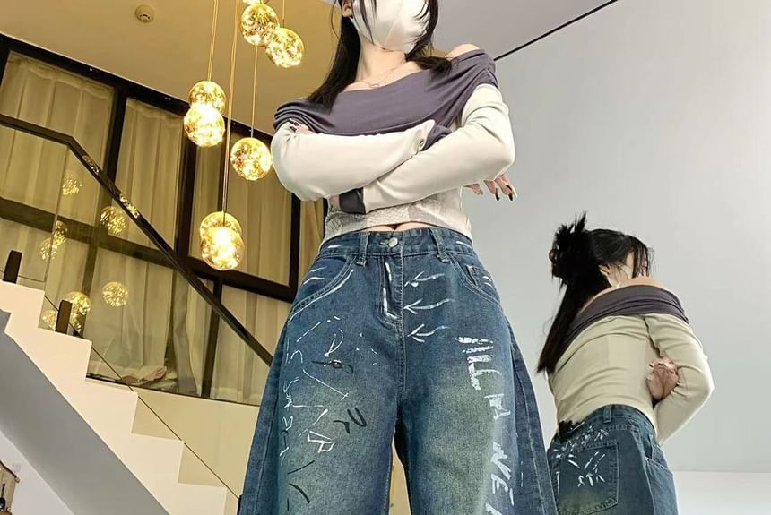 Bay Go Mall - High Rise Print Wijde Pijpen Jeans