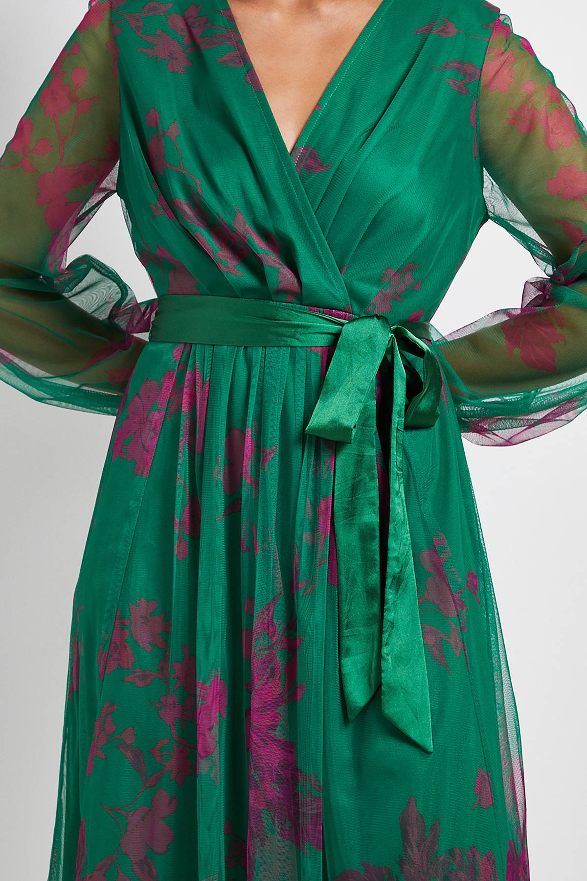 Wallis Robe Midi Petite en Mesh Floral avec Ceinture en Satin