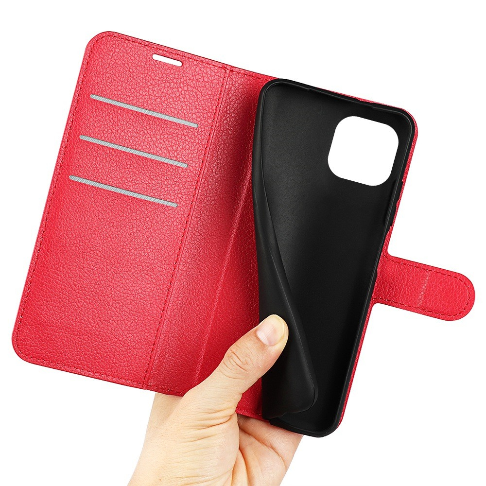 iPhone 14 Leder Tasche Flip Cover Litchi Look - Rot