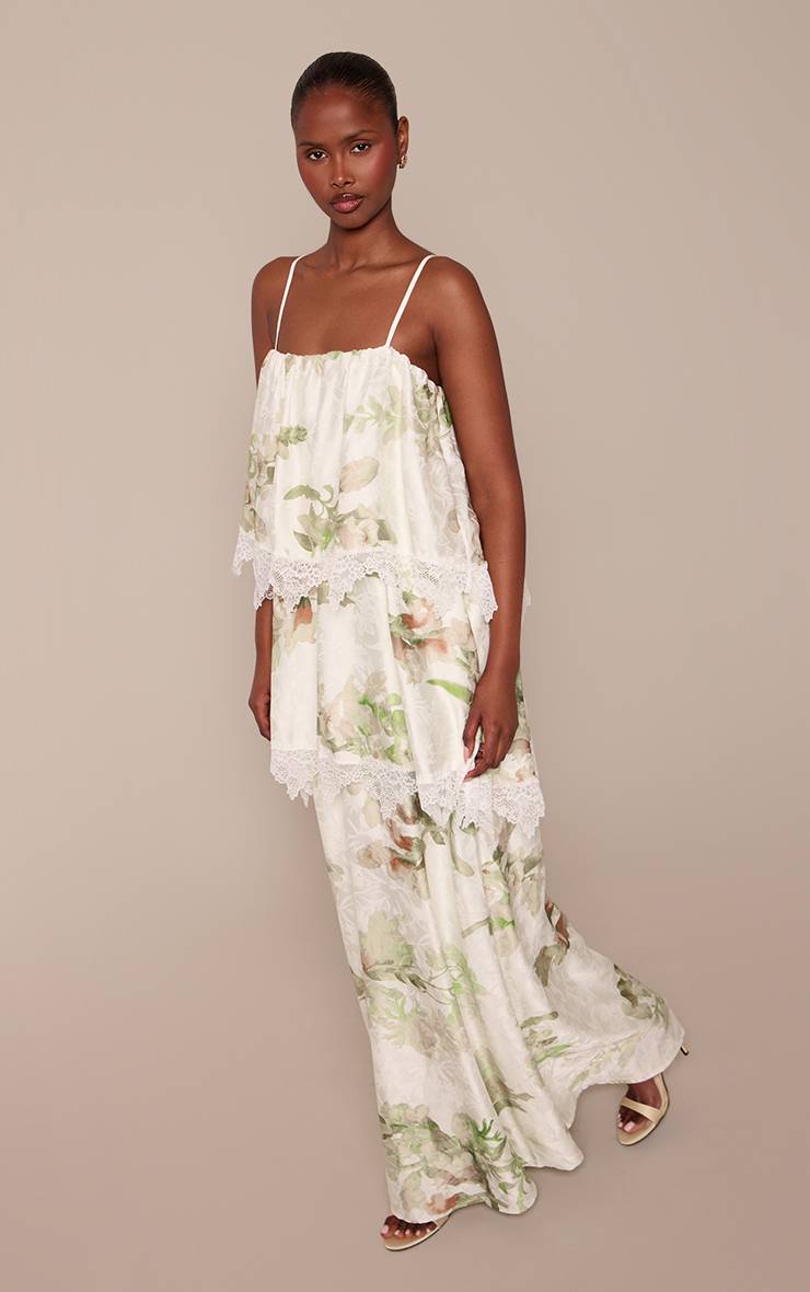 Vert Olive Robe Longue À Bretelles Étagée En Dentelle Imprimée