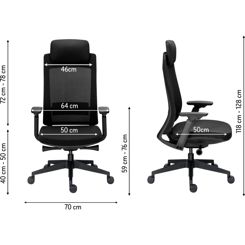 Chaise de bureau MARCUS tissu et maille - avec accoudoirs, appui-tête, réglage profondeur d'assise et soutien lombaire - Mécanisme Synchrone - Pieds noir