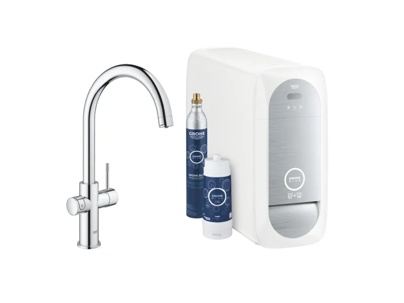 Grohe Blue Home Duo start kit - etgrebs armatur i krom med filterfunktion, C-tud, LED trykknap, WIFI/Bluetooth funktionalitet