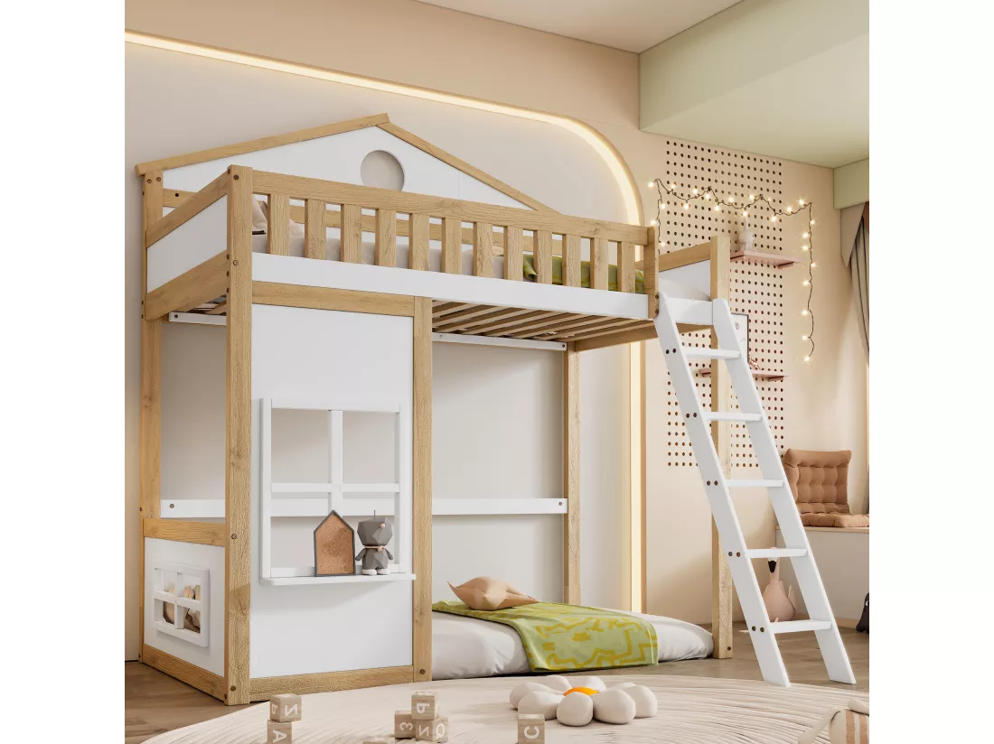 Lit mezzanine 90 x 200 cm avec fenêtres & garde-corps - pin + MDF - blanc + naturel (sans matelas)