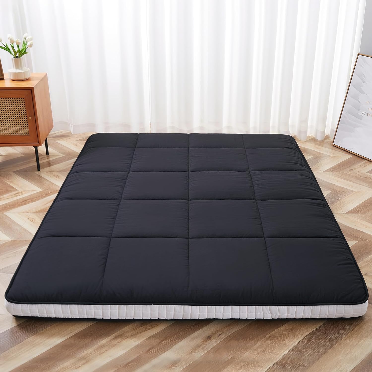 Futonmatratze 200 x 137 cm – Extra Dicke, Faltbare japanische Bodenmatratze – Memory-Schaum-Isomatte für Erwachsene – Tatami-Matte, geeignet für Camping und Gäste – Schwarz (10 cm)
