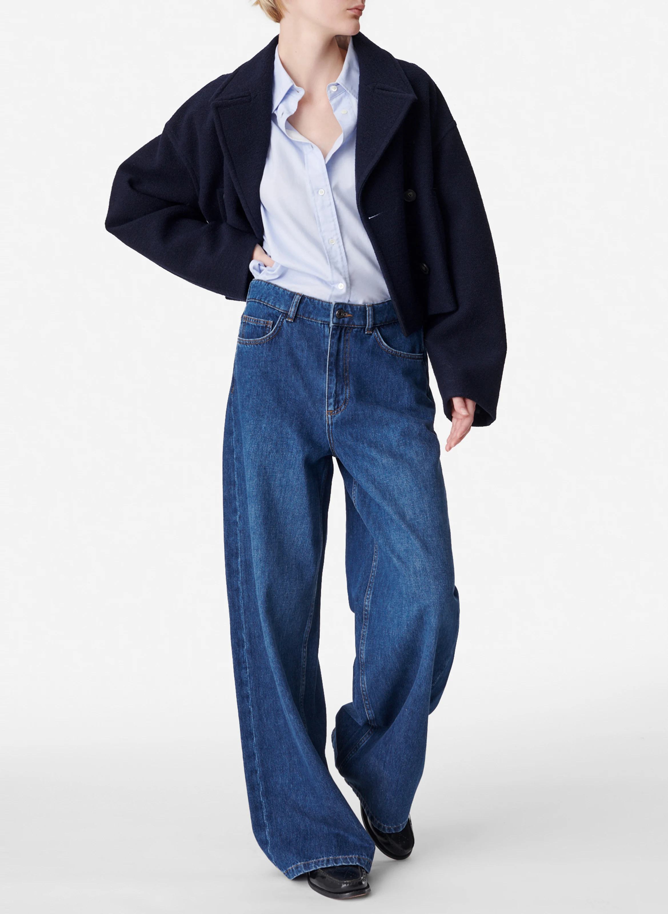 BERAN - Caban court col tailleur en laine et coton| Bleu