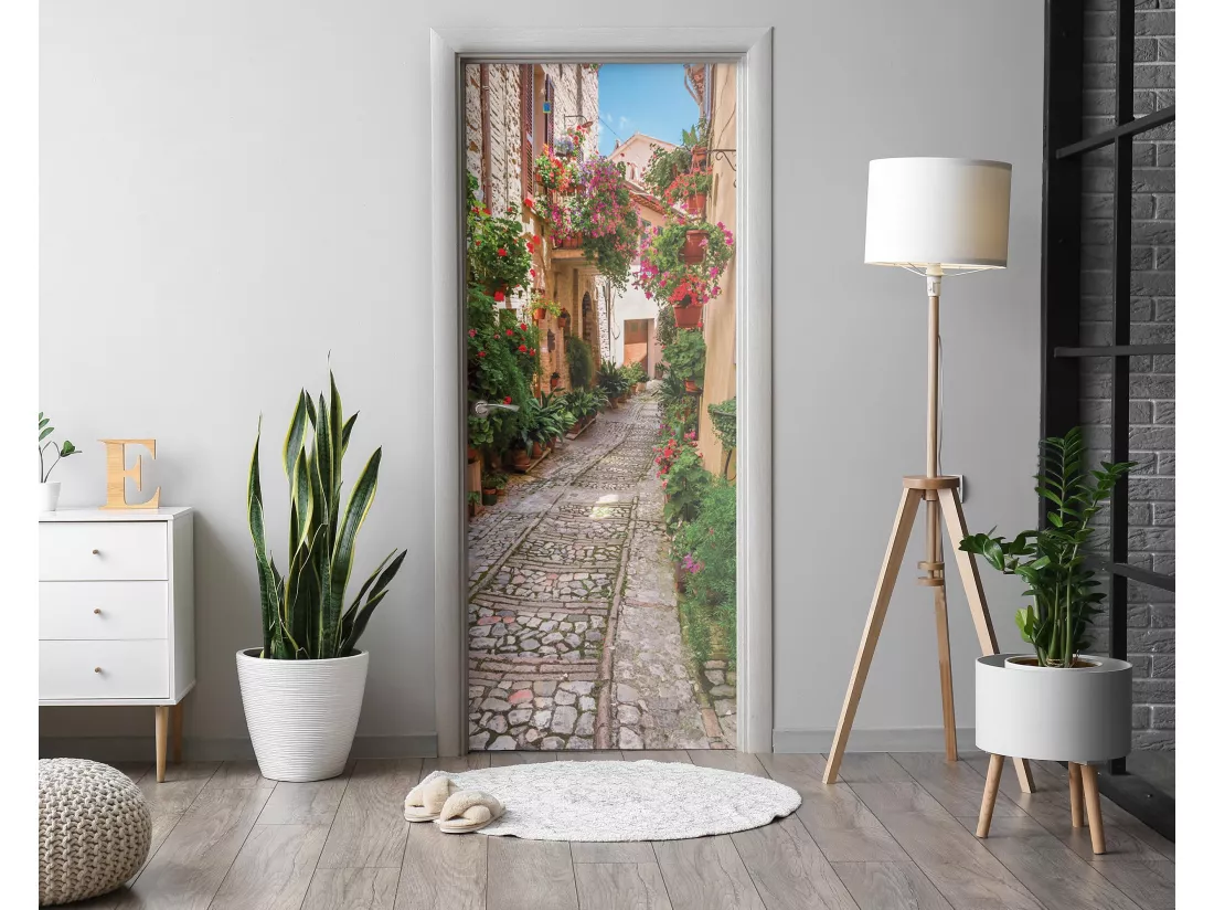 Papier peint photo pour portes intérieures - Charmante rue des fleurs 75x205 cm