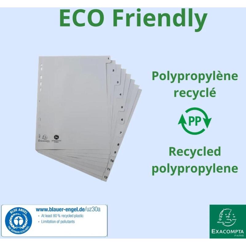 Intercalaires imprimés numériques PP recyclé gris - 12 positions - A4 - Gris