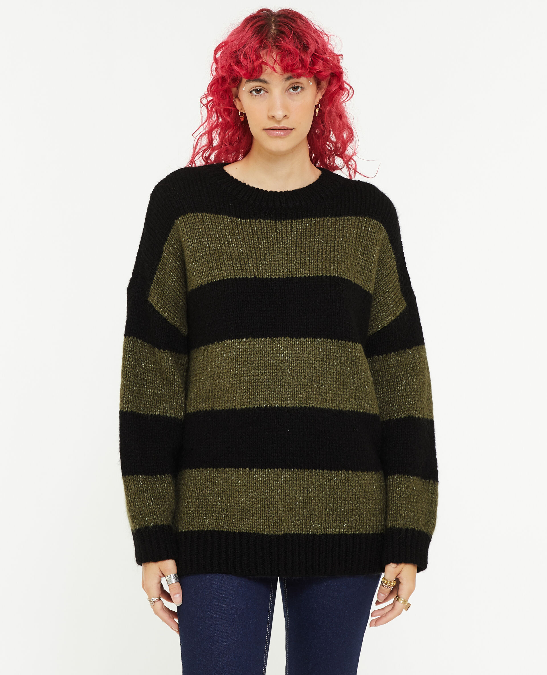 Pull oversize à rayures - Vert kaki