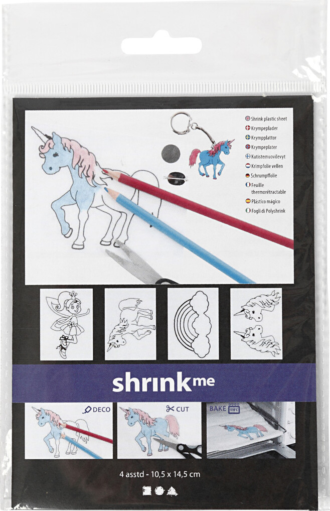 Krympeplast Med Motiver - Enhjørning - 10,5X14,5 CM - Tykkelse 0,3 MM - Mat Transparent - 4 Ark