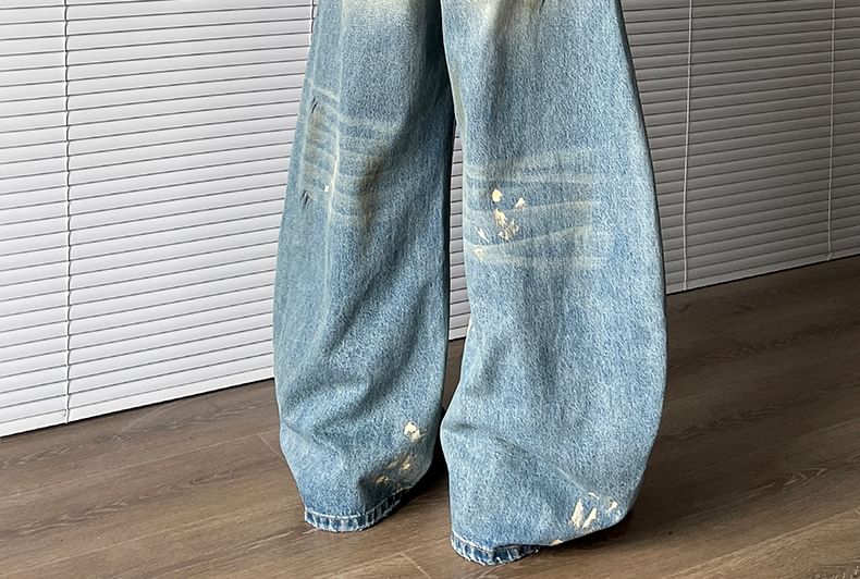 AXEN - Mid Rise Print Washed Wide Leg Jeans